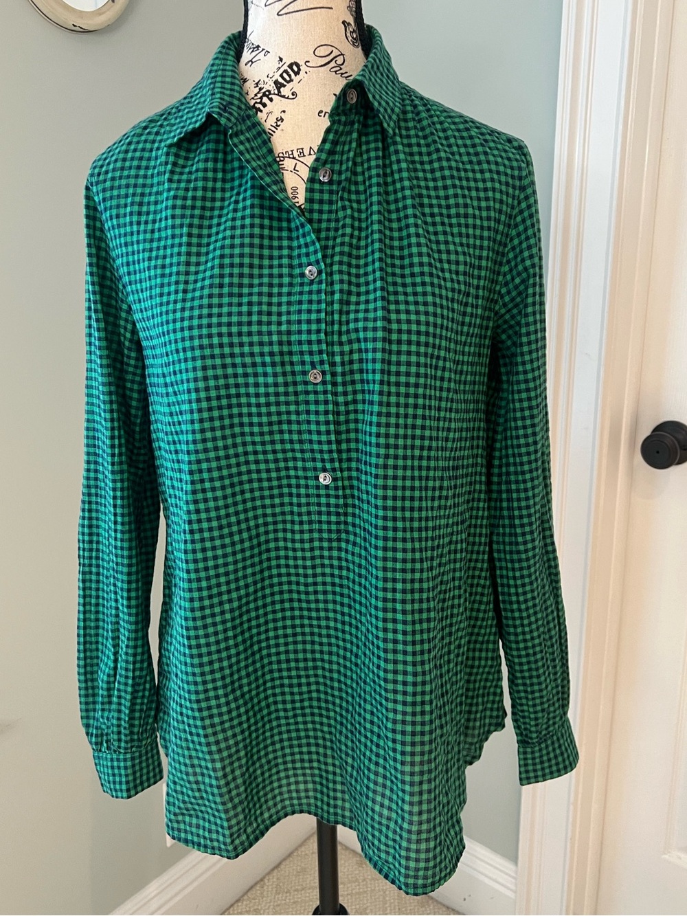 J.Crew green & navy gingham popover shirt | Size 0 | Excellent Condition